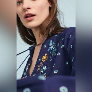 Anthropologie Vanessa Virginia Embellished Peasant Top | Navy Blue | Size 2